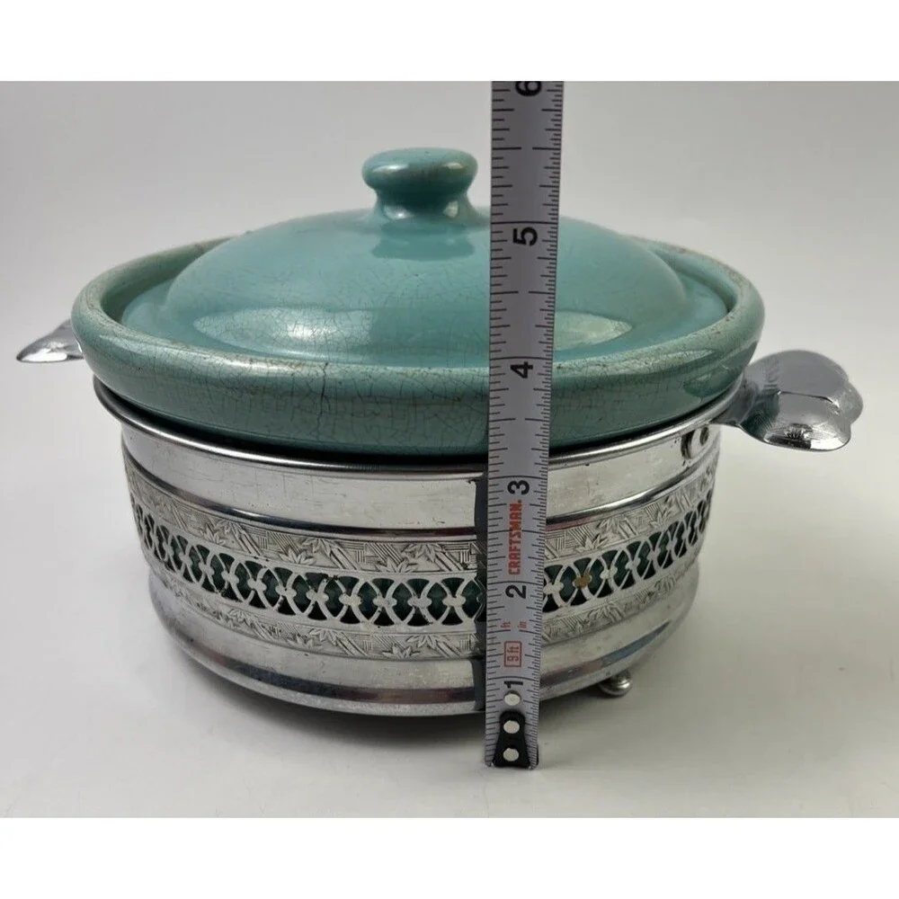 Vintage Faberware Turquoise Ceramic Covered Casserole Dish W/Metal Holder Below: